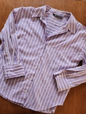 Zara Lavender & White Striped Button  Up Dress Oxford-Style Shirt